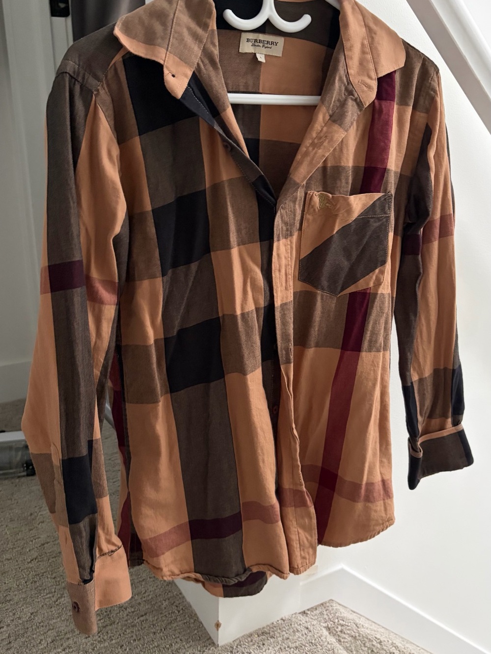 Burberry Men's Tan, Brown & Black Check Button-Down Shirt
